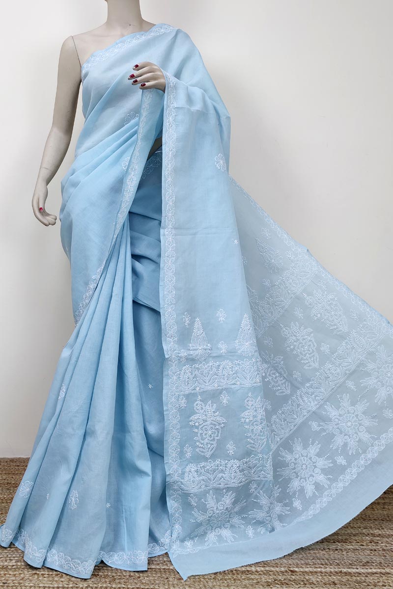 Blueish Grey Color Hand Embroidered Lucknowi Chikankari Saree (with Blouse - Cotton) Mc252742