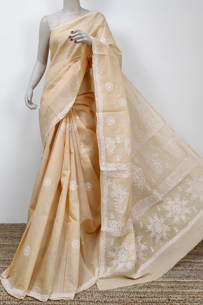 Beige Color Hand Embroidered Lucknowi Chikankari Saree (with Blouse - Cotton) Mc252743