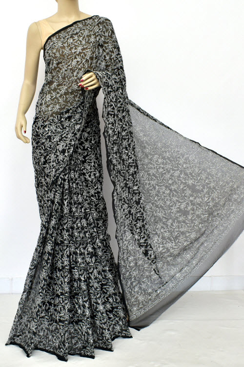 Black Hand Embroidered Tepchi Work Lucknowi Chikankari Saree With Blouse (Faux Georgette) 15186