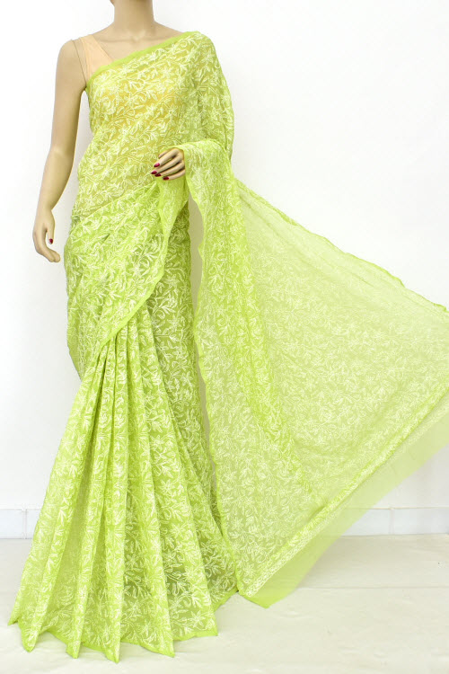 Pista Green Hand Embroidered  Tepchi Work Lucknowi Chikankari Saree With Blouse (Faux Georgette) 15188