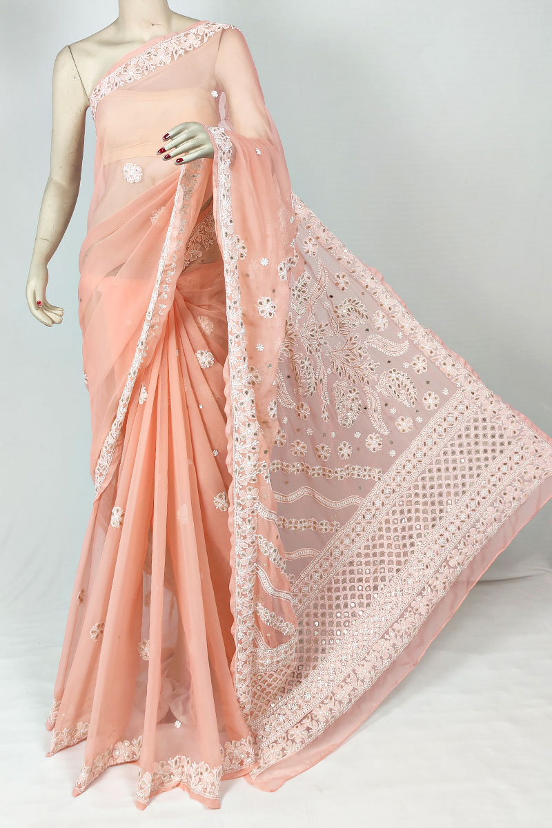 Light Orange Colour Georgette GotaPatti Lucknowi Chikankari Saree With Blouse MC253214