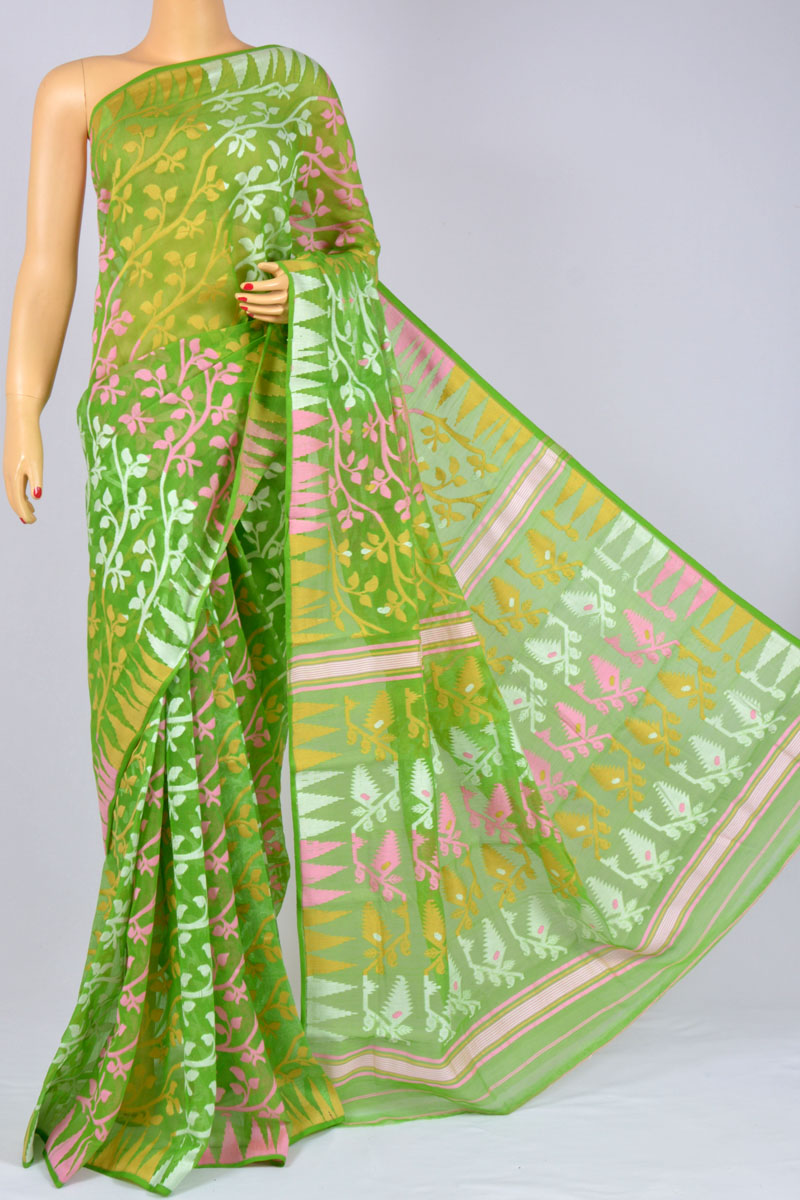 Green Color Soft Dhakai Jamdani Handwoven Bengal Handloom Kora Cotton Tant Saree (Without Blouse) - MC250125