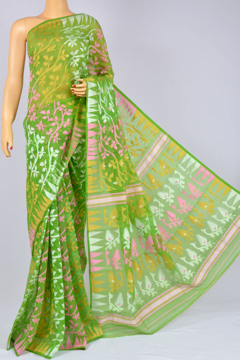 Green Color Soft Dhakai Jamdani Handwoven Bengal Handloom Kora Cotton Tant Saree (without Blouse) - Mc250125