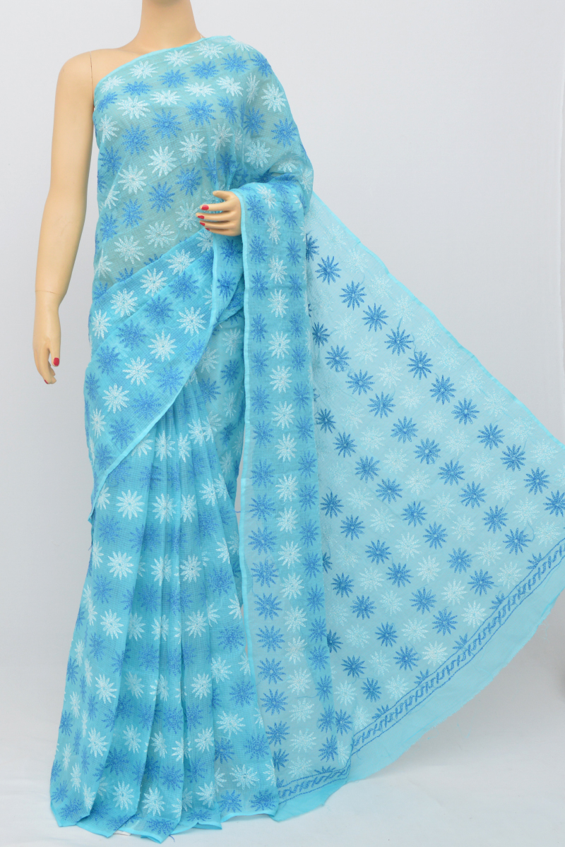 Blue Color Multi Thread Hand Embroidered Lucknowi Chikankari Saree (without Blouse) Kc250528