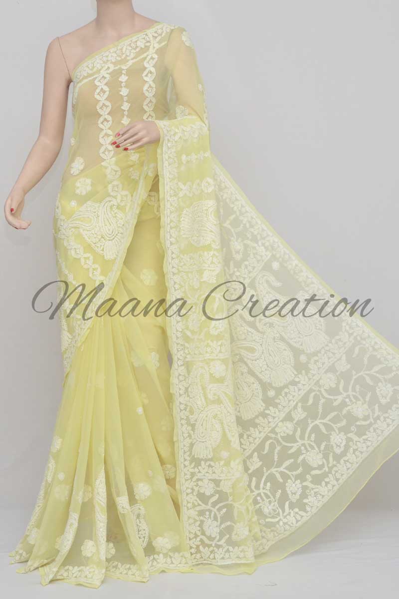 Light Yellow Color Hand Embroidered Lucknowi Designer Chikankari Saree (with Blouse) Pu250885