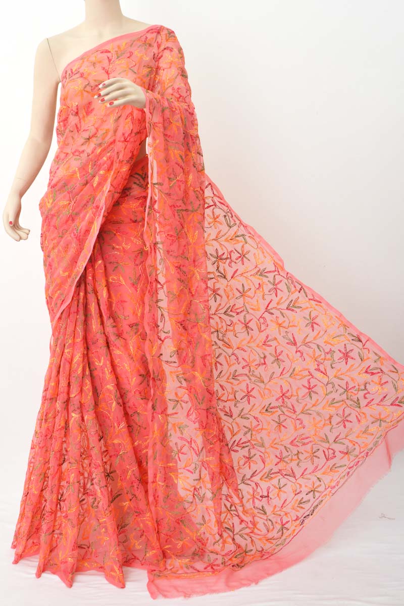 Peach Color Allover Multithread Tepchi Work Hand Embroidered Lucknowi Chikankari Saree (With Blouse) MC251405