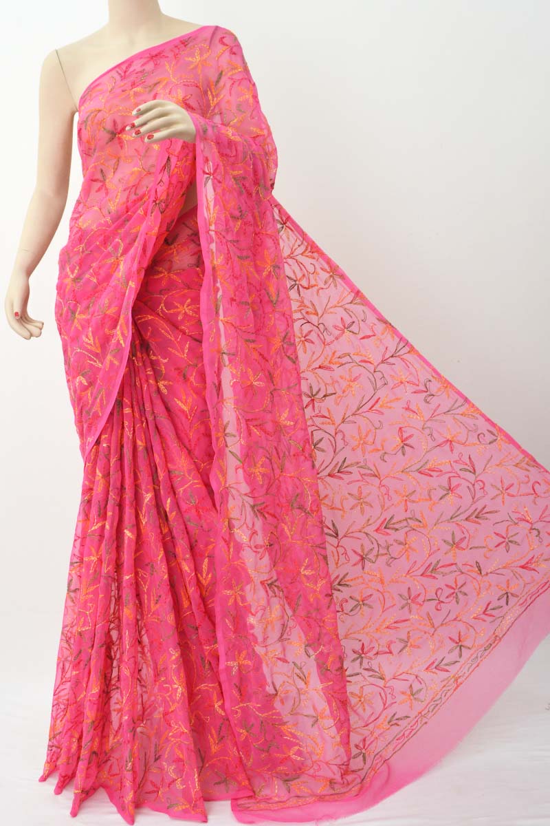 Pink Color Multithread Tepchi Work Hand Embroidered Lucknowi Chikankari Saree (with Blouse) Mc251411