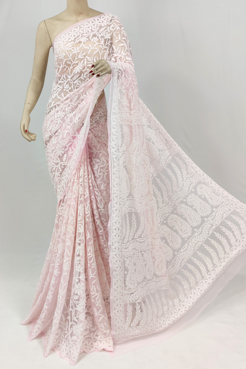Baby Pink Colour Georgette Allover Chikankari Saree With Blouse MC253093