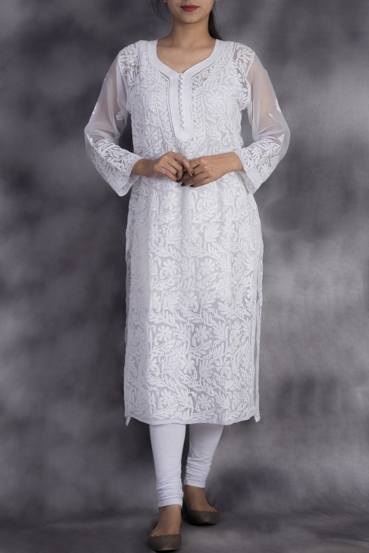 Chikankari White Thread Worked Hand Embroidery Women's Faux Georgette Kurti  | eBay