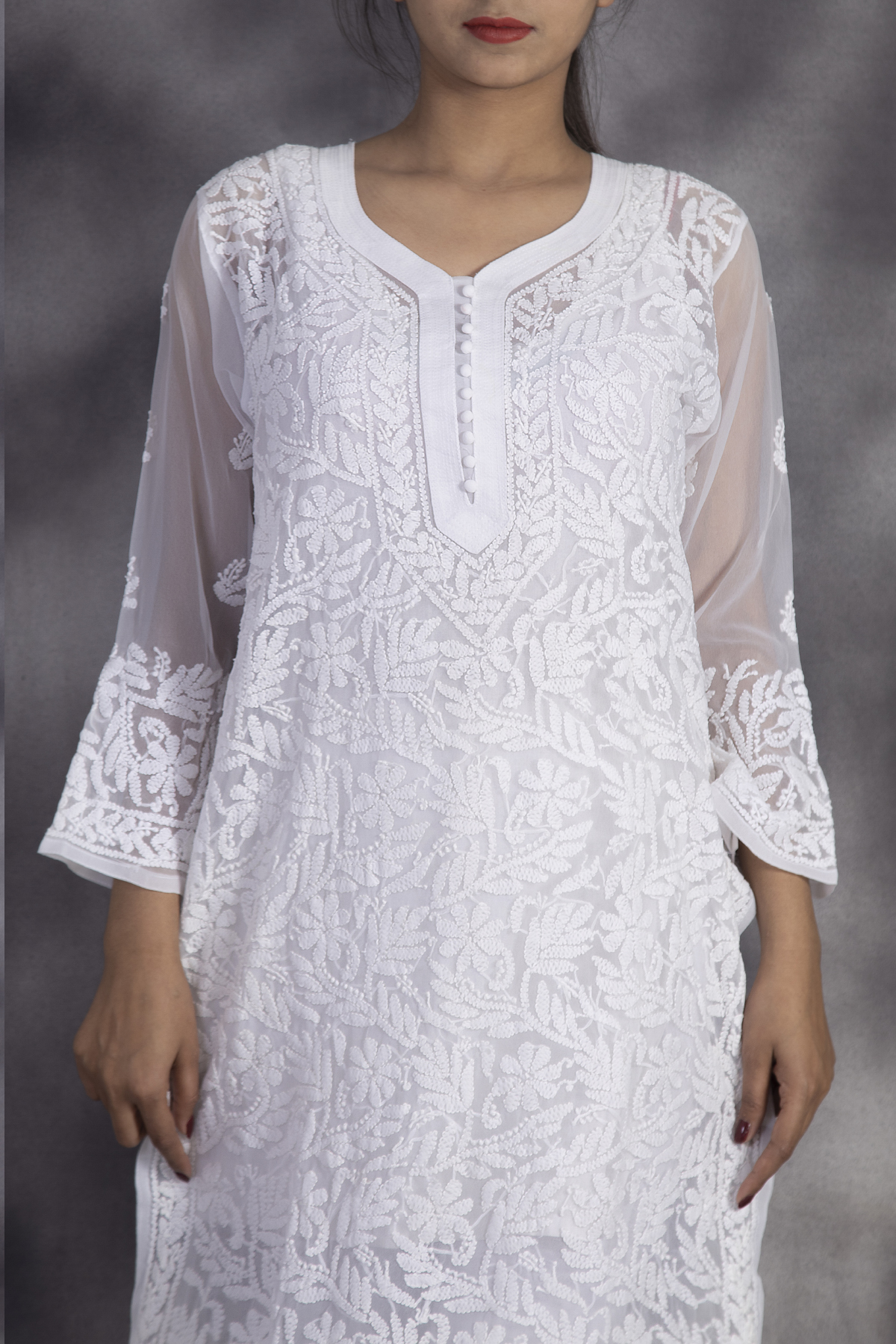 Beautiful White Crepe Silk Long Kurta With Slip & 3D Chikankari Embroi