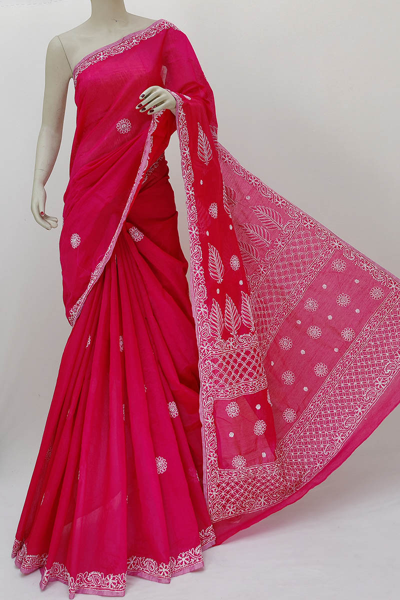 Magenta Hand Embroidered Work Lucknowi Chikankari Saree With Blouse (Chanderi Cotton) MN252193