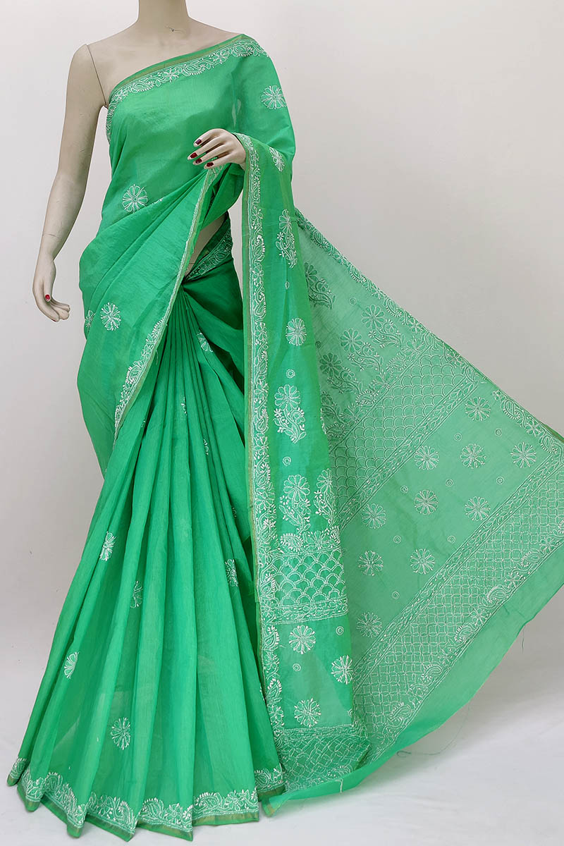 Green Color Hand Embroidered Work Lucknowi Chikankari Saree With Blouse (chanderi Cotton) Mn252194