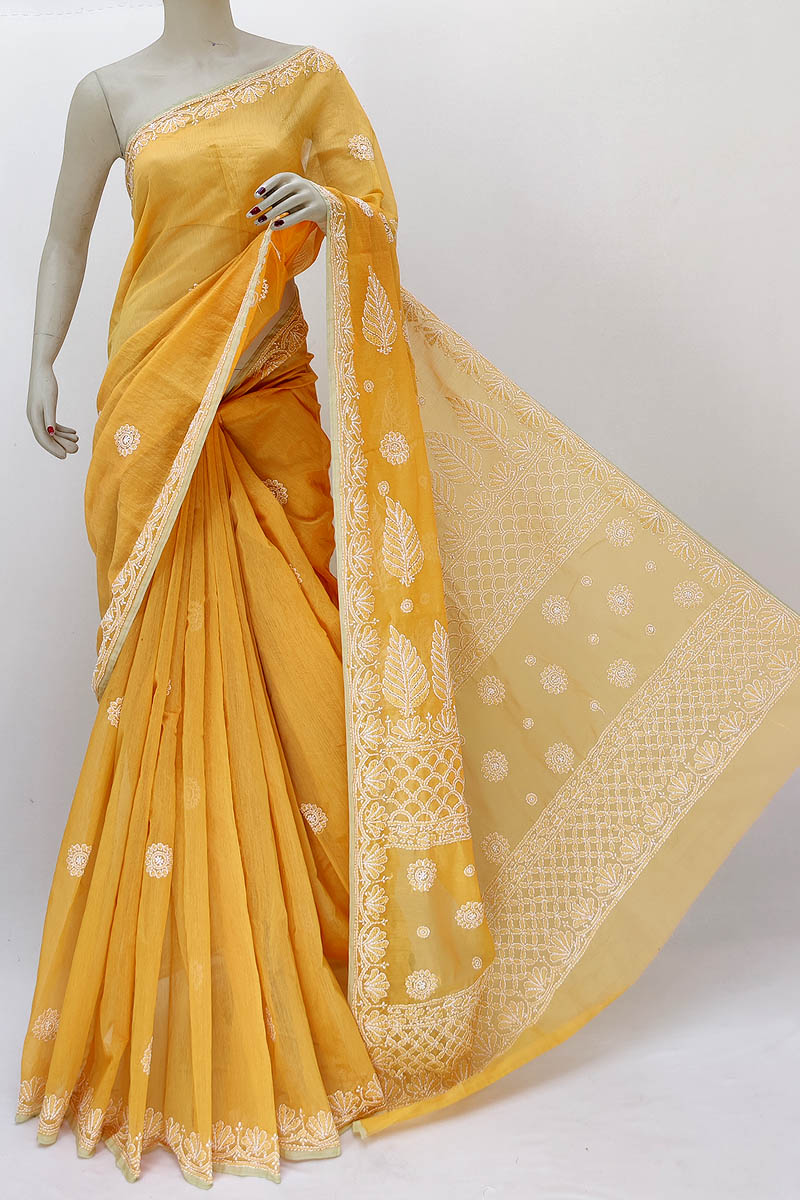 Gold Color Hand Embroidered Work Lucknowi Chikankari Saree With Blouse (chanderi Cotton) Mn252197