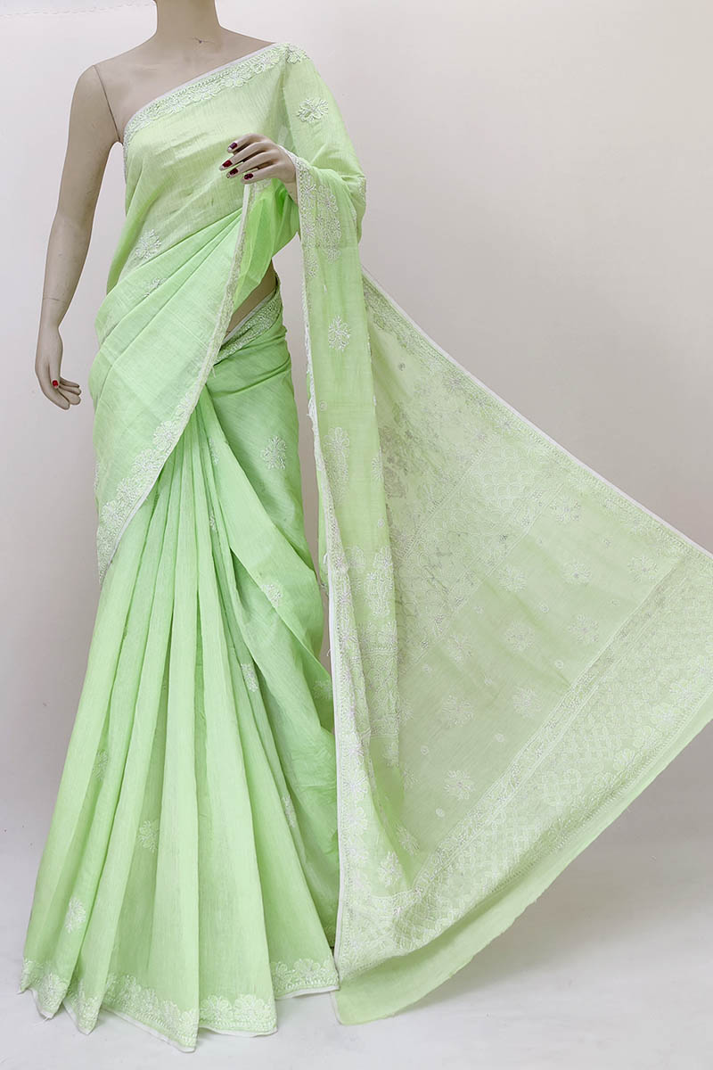 Pista Green Color Hand Embroidered Work Lucknowi Chikankari Saree With Blouse (chanderi Cotton) Mn252198