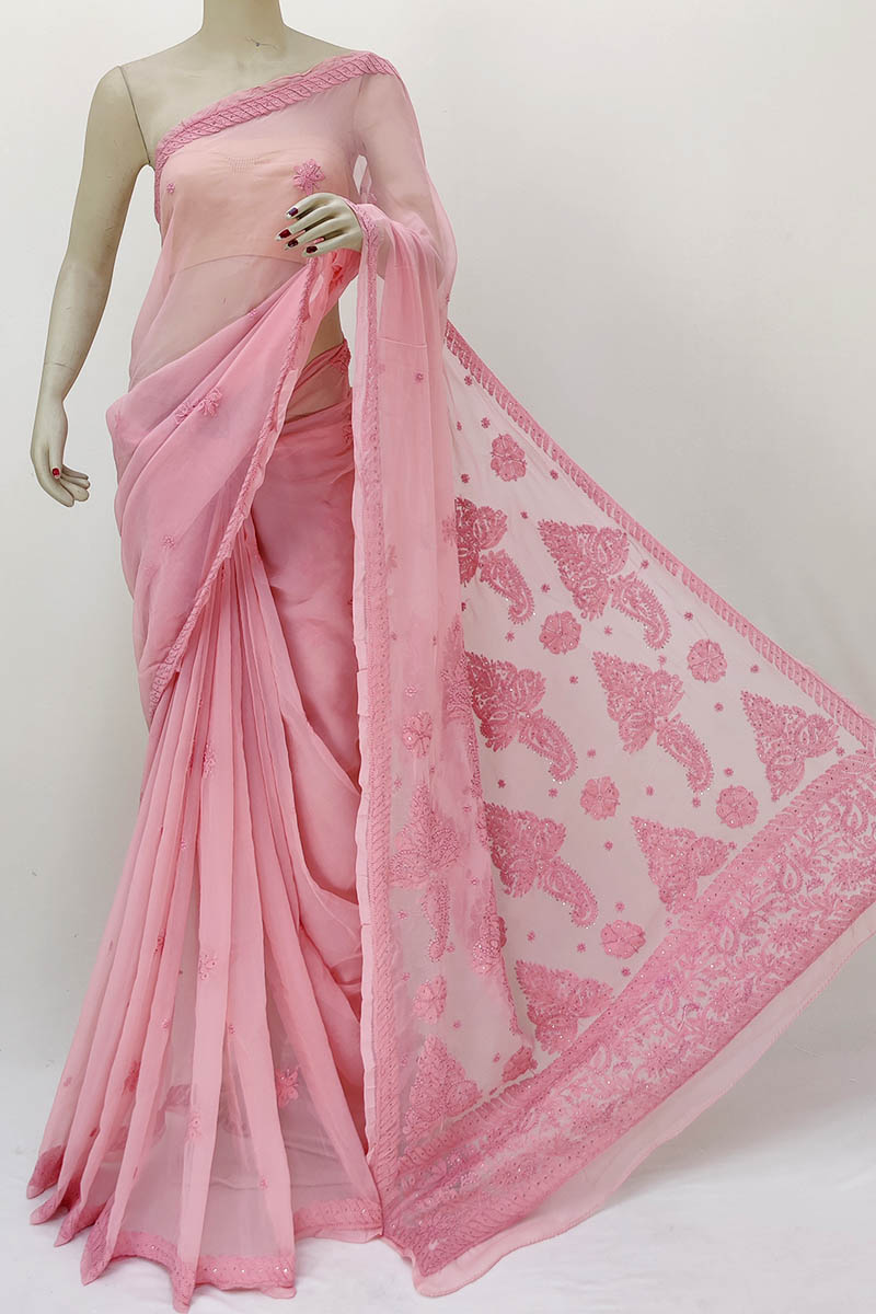 Peach Color Designer Hand Embroidered Lucknowi Chikankari Saree (with Blouse - Georgette) Mn252203