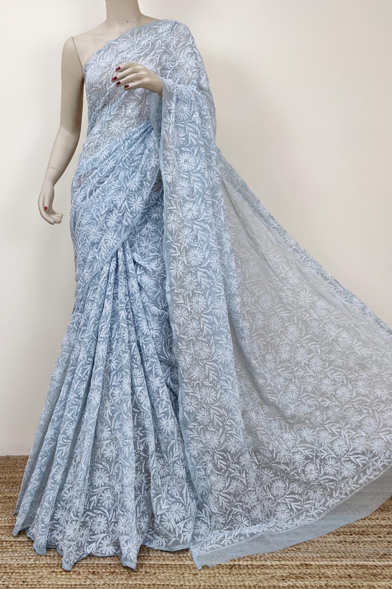 Grey Colour Georgette Lucknowi Chikankari Tepchi Saree (with Blouse) MC252753