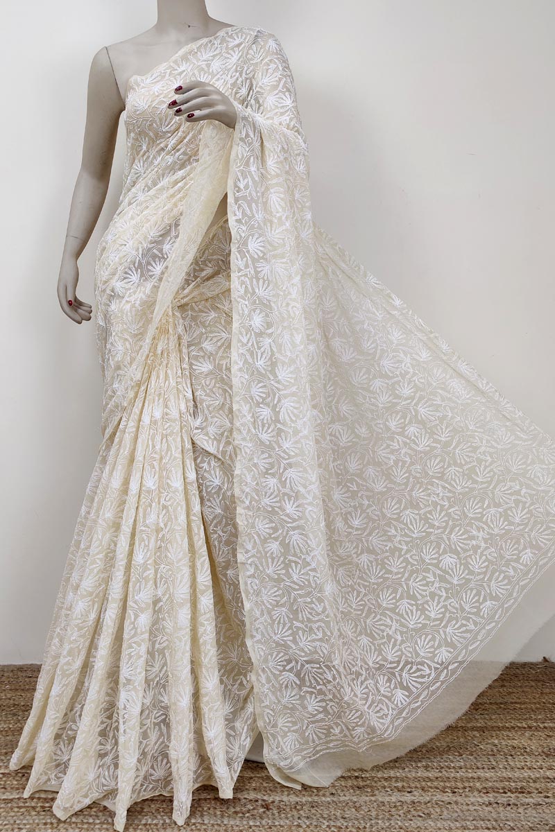 Fawn Colour Georgette Lucknowi Chikankari Tepchi Saree (with Blouse) Mc252755