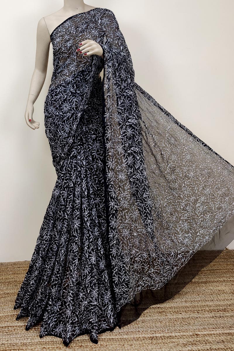 Black Colour Georgette Lucknowi Chikankari Tepchi Saree (with Blouse) MC252756