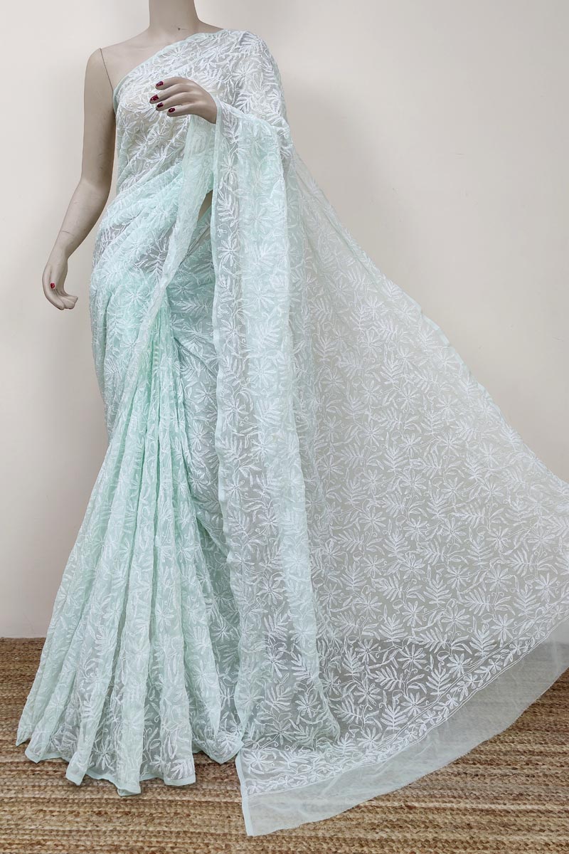 Mint Green Colour Georgette Lucknowi Chikankari Tepchi Saree (with Blouse) MC252757