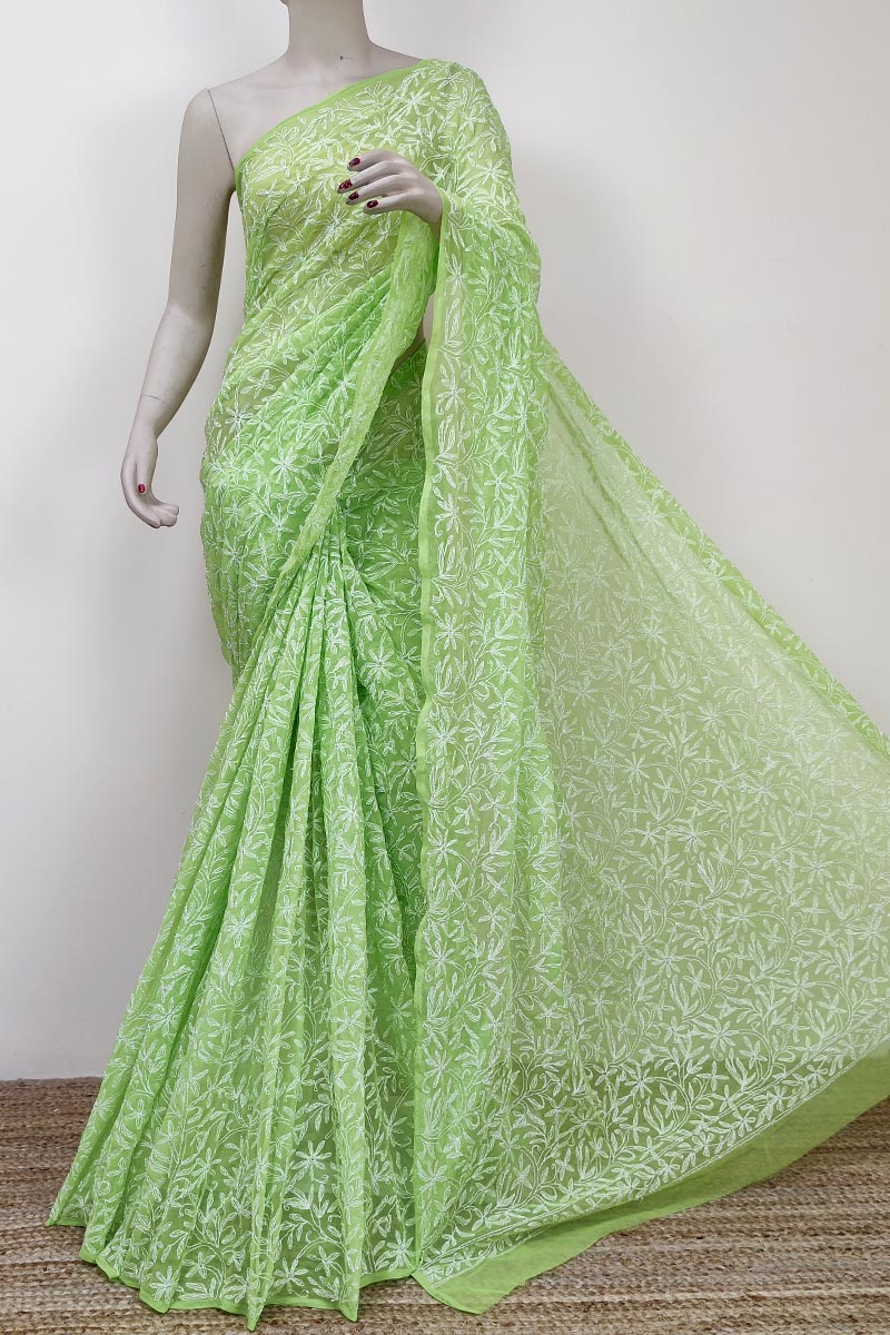 Green Colour Georgette Lucknowi Chikankari Tepchi Saree (with Blouse) Mc252758