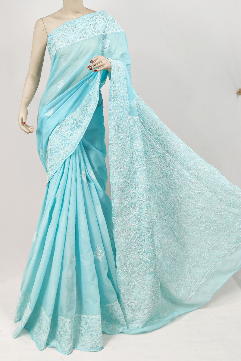 Sky Blue Colour Cotton Lucknowi Chikankari Saree With Blouse MC253211