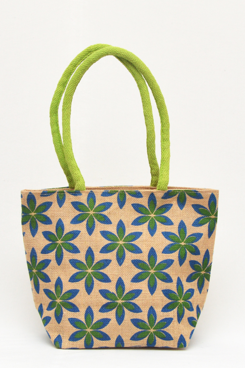 Green Printed Fancy Jute  Bag with Mini Chain Pocket - HB014