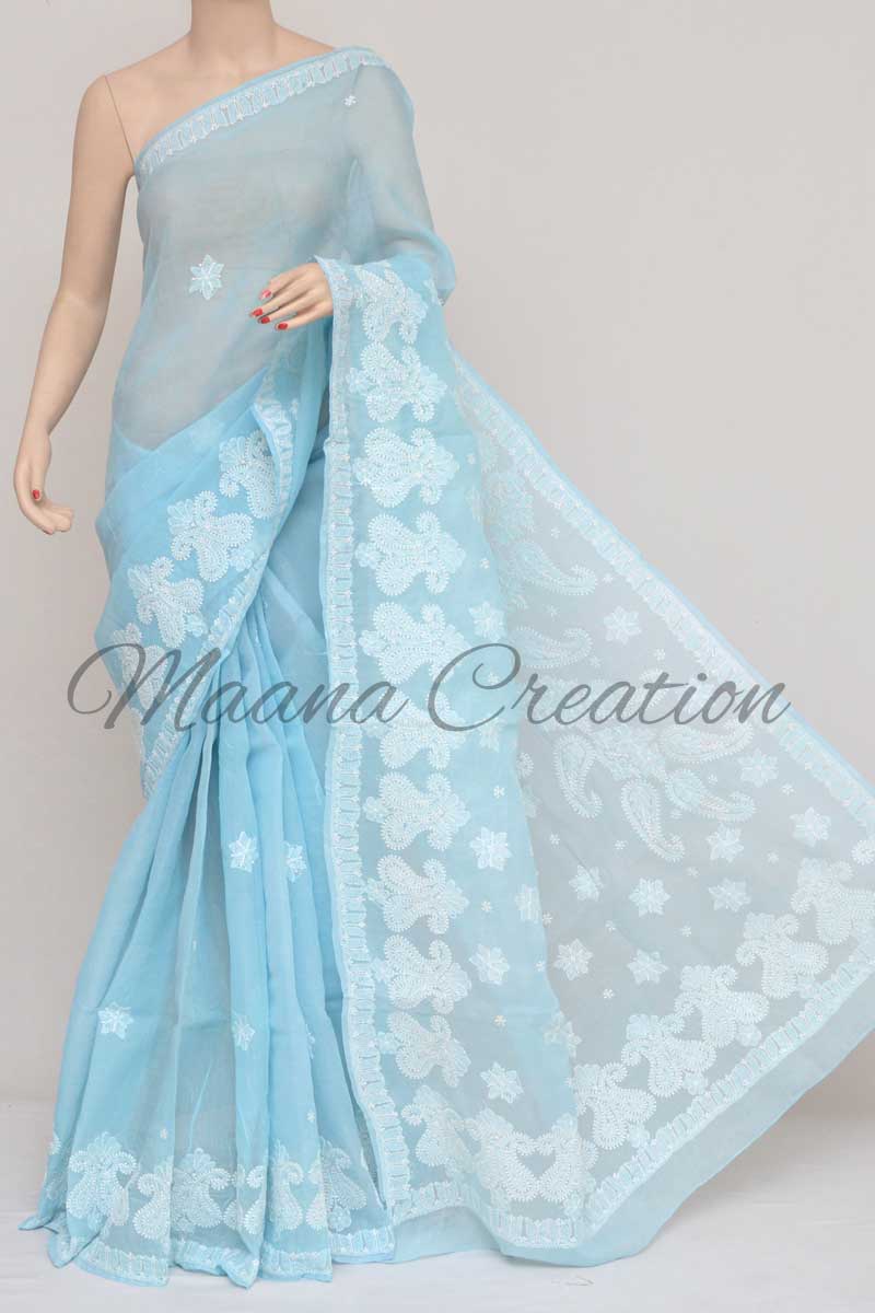 Blue Color Hand Embroidered Cotton Lucknowi Chikankari Saree (with Blouse) Kc250899