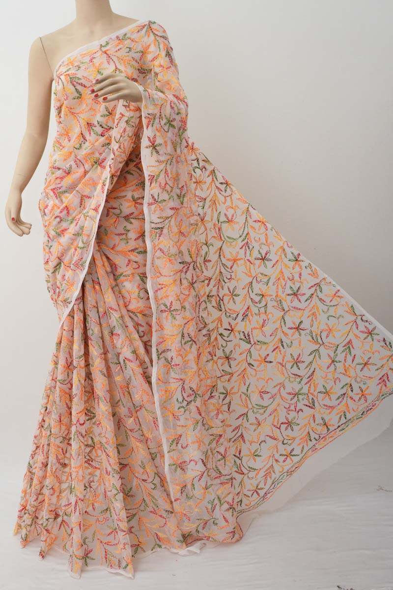 Offwhite Multithread Tepchi Work Hand Embroidered Lucknowi Chikankari Saree (With Blouse) MC251412