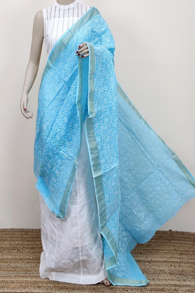 Sky Blue Colour Kota Cotton  Hand Embroidered Lucknowi Chikankari Dupatta Mc252685