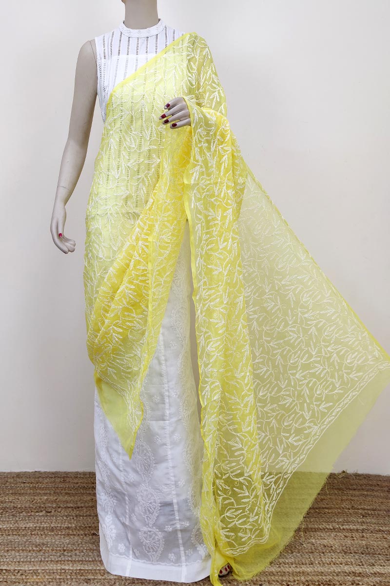 Yellow Colour Georgette Tepchi Work  Hand Embroidered Lucknowi Chikankari Dupatta Mc252687