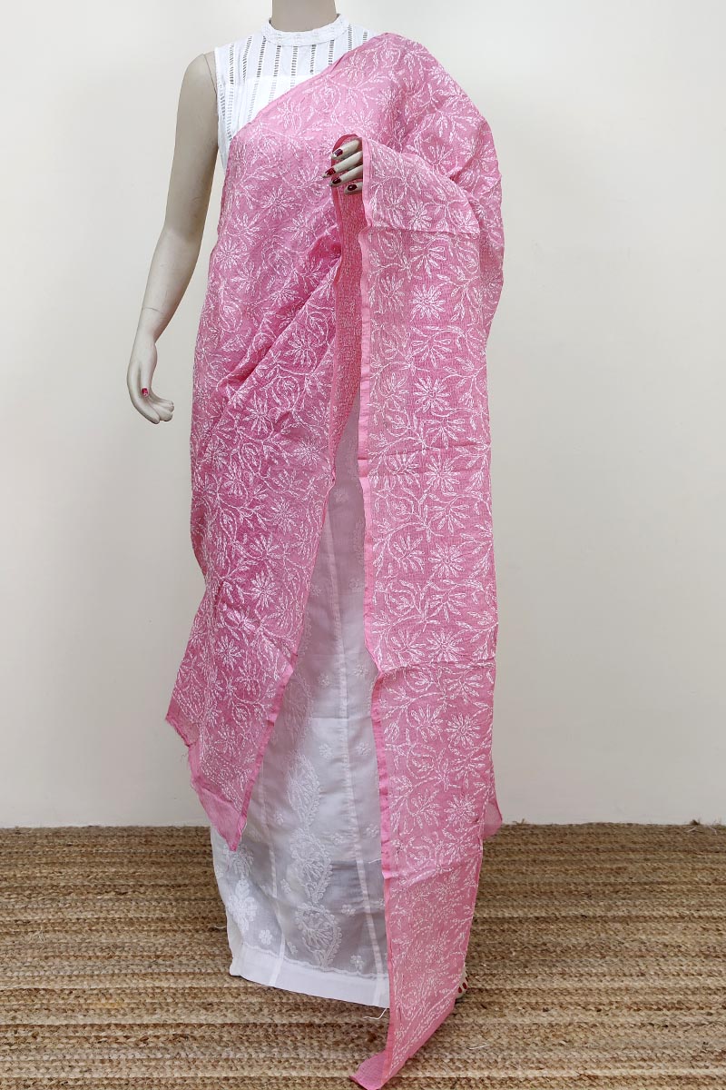 Pink Colour Kota Cotton Hand Embroidered Lucknowi Chikankari Dupatta Mc252688