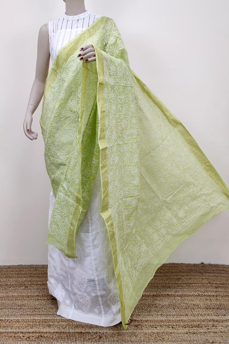 Green Colour Kota Cotton Hand Embroidered Lucknowi Chikankari Dupatta Mc252689