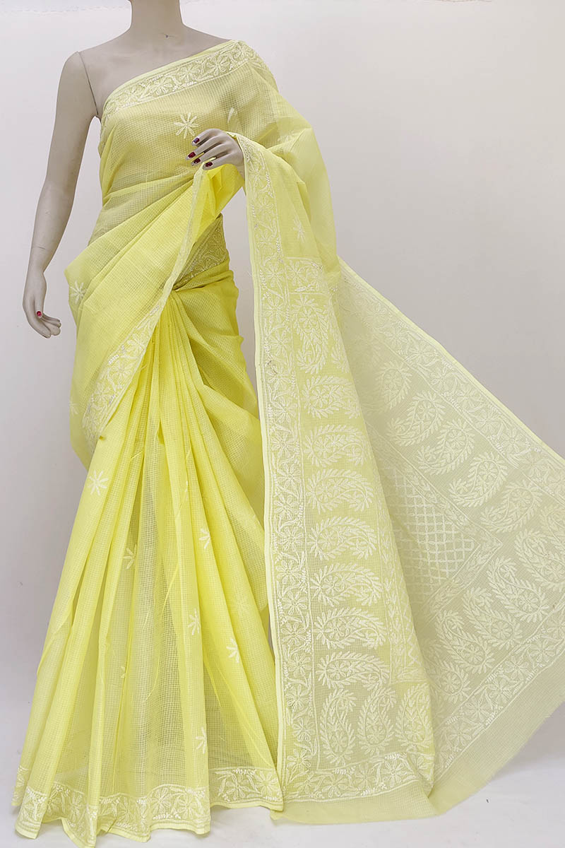 Lemon color Tepchi Hand Embroidered Work Lucknowi Chikankari Saree With Blouse (Kota Cotton) MN252209