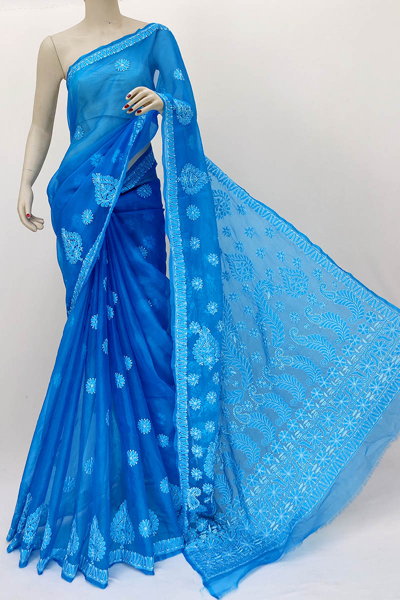Blue Color Designer Hand Embroidered Lucknowi Chikankari Saree (With Blouse - Organza) MN252214