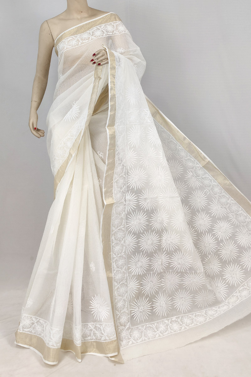 Cream Kota Cotton Tepchi Work Saree With Blouse with zari border MC253177