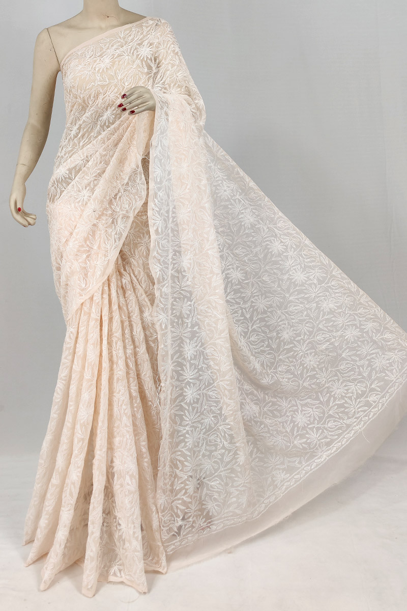 Beige Colour Georgette Chikankari Saree With Blouse MC253139