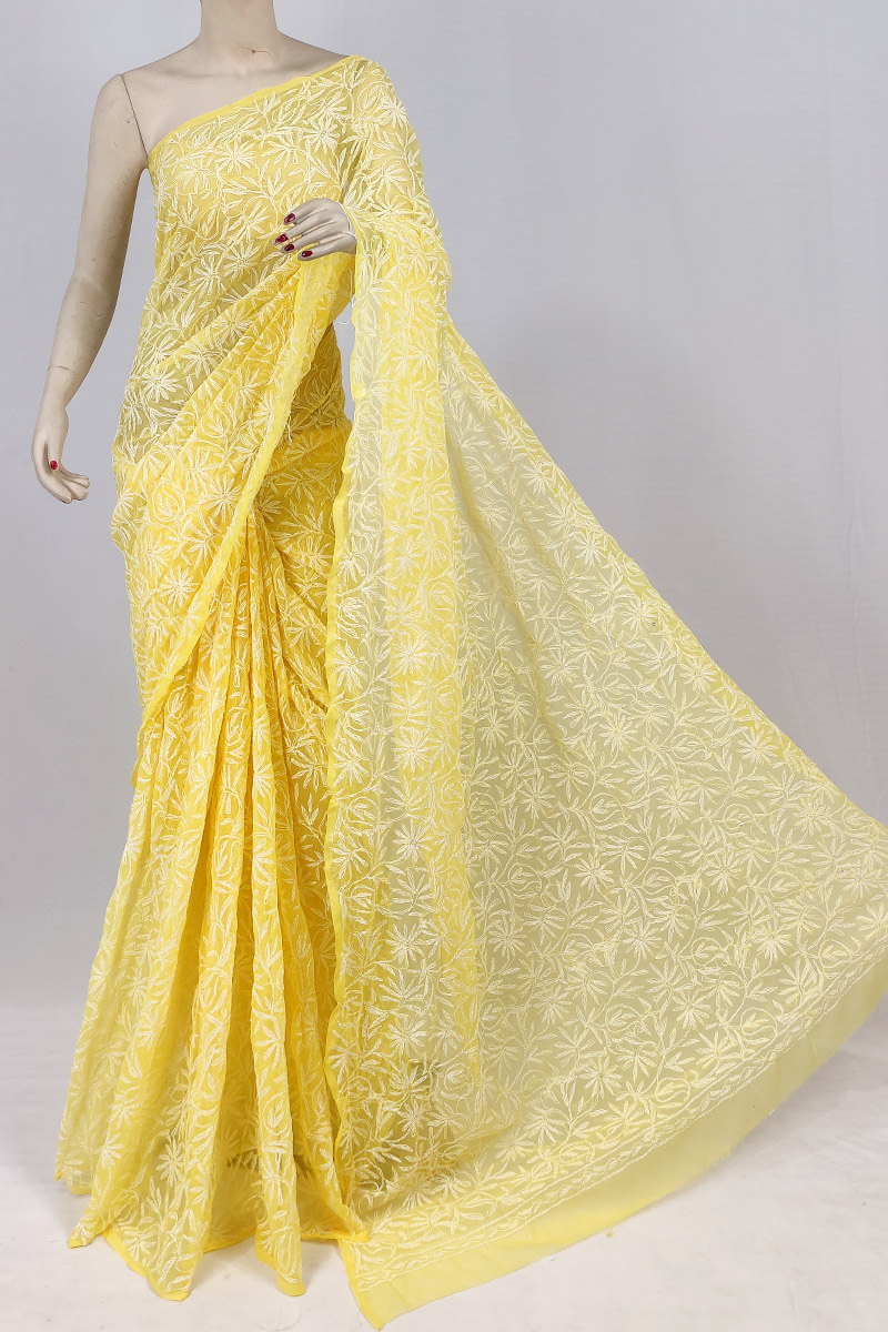 Yellow Colour Georgette Chikankari Saree With Blouse MC253136