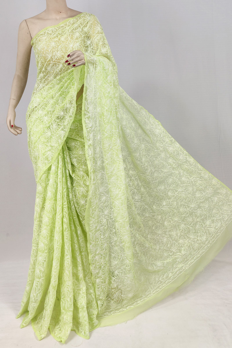 Lemon Green Colour Georgette Chikankari Saree With Blouse MC253137