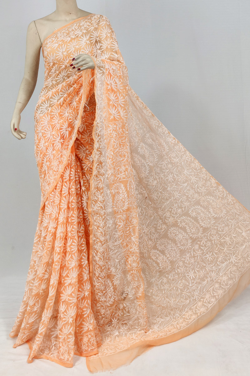 Orange Colour Georgette Chikankari Saree With Blouse MC253138