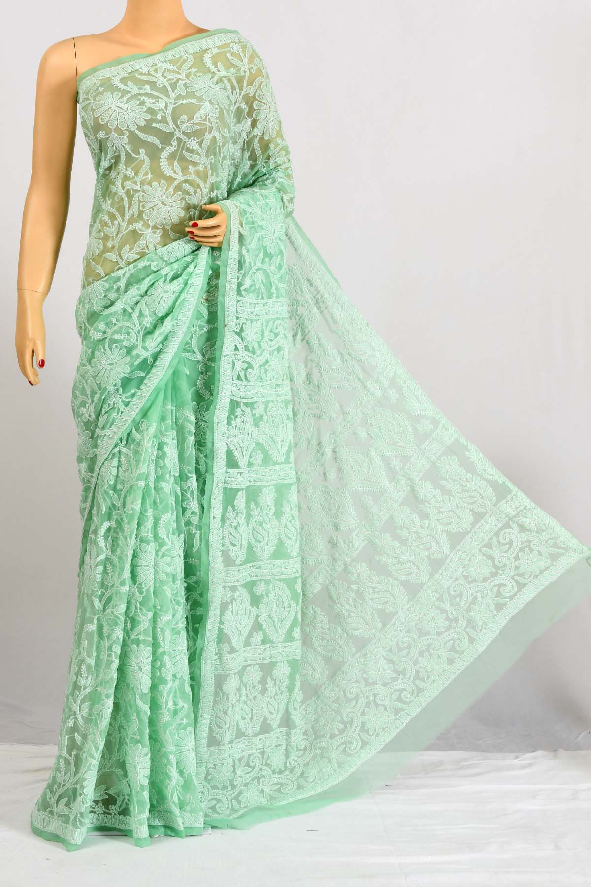 Buy Seagreen Color Hand Embroidered Work Allover Lucknowi Chikankari Saree  (With Blouse - Georgette) PU250675 | www.maanacreation.com