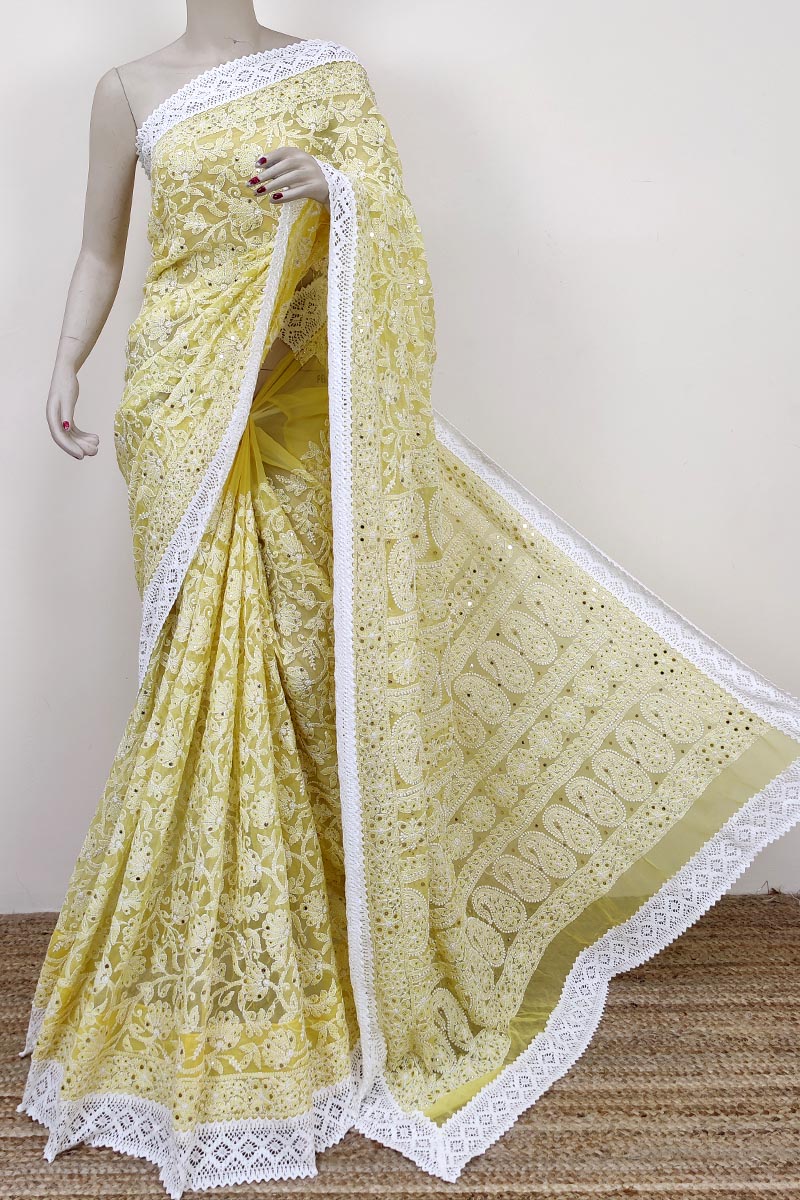 Yellow Colour Georgette Lucknowi Chikankari Tepchi Saree (with Blouse) Mc252763