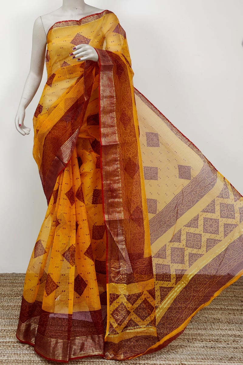 Yellow Maroon Colour Bengoal Handloom kota Cotton Saree (without Blouse) MC252770