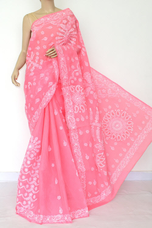 Pink Hand Embroidered Lucknowi Chikankari Saree (Cotton-With Blouse) 14814