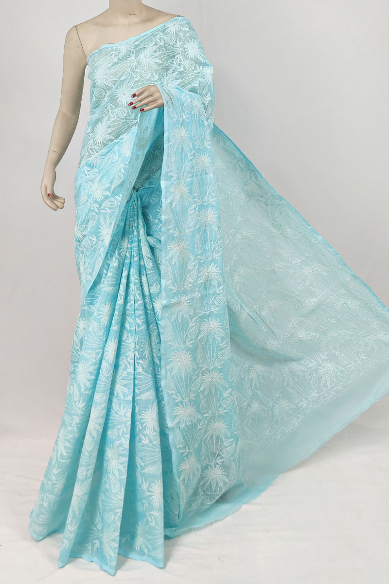 Sky Blue Colour Kota Cotton Lucknowi Chikankari Saree With Blouse MC253220
