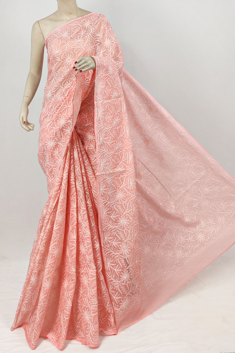 Peach Colour Kota Cotton Lucknowi Chikankari Saree With Blouse MC253225