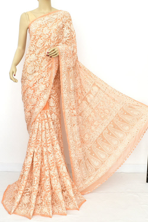 Orange Allover Hand Embroidered Full Jaal, Allover Embellished with Gota-Patti work Lucknowi Chikankari Saree (With Blouse - Georgette) 16522