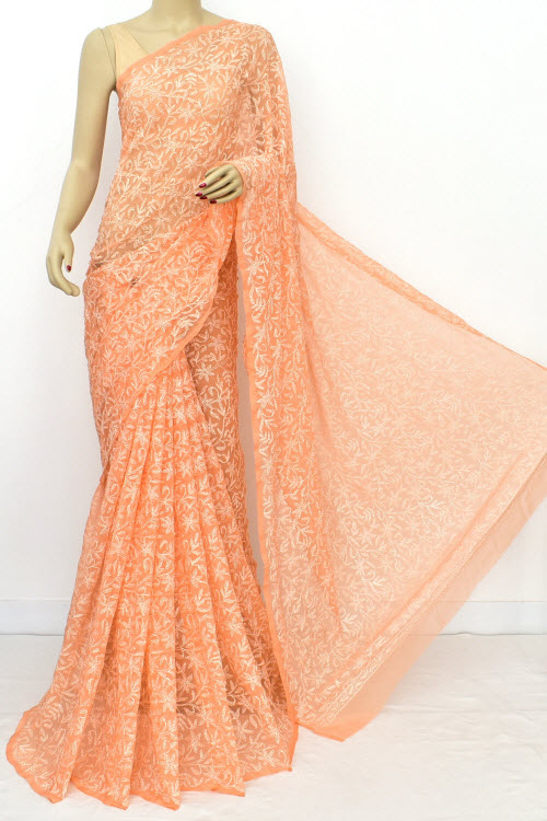 Orange Hand Embroidered Tepchi Work Lucknowi Chikankari Saree With Blouse (Faux Georgette) 16512