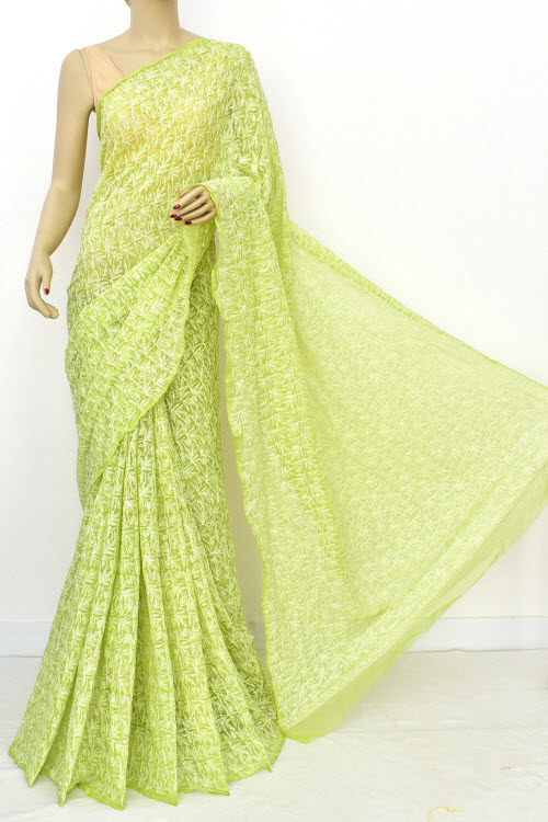 Green Hand Embroidered Tepchi Work Lucknowi Chikankari Saree With Blouse (Faux Georgette) 16520