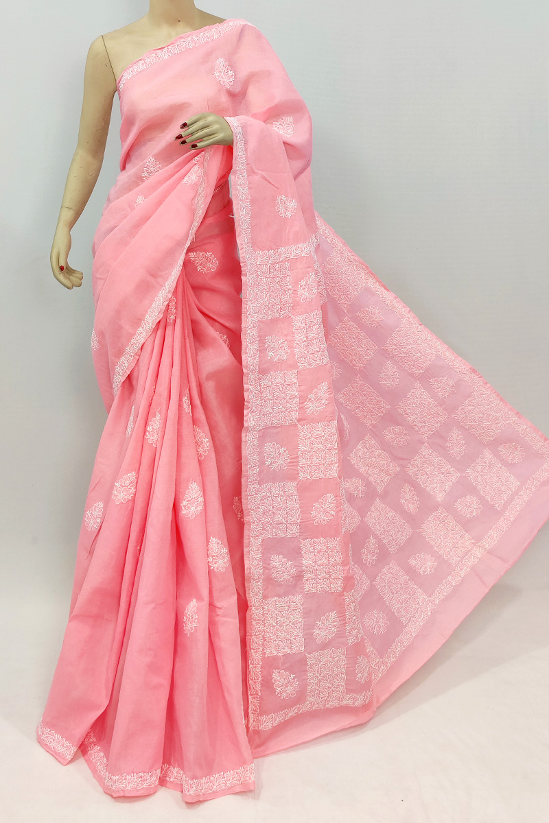 Peach Colour Cotton Hand Embroidered Lucknowi Chikankari Saree With Blouse Mc253015
