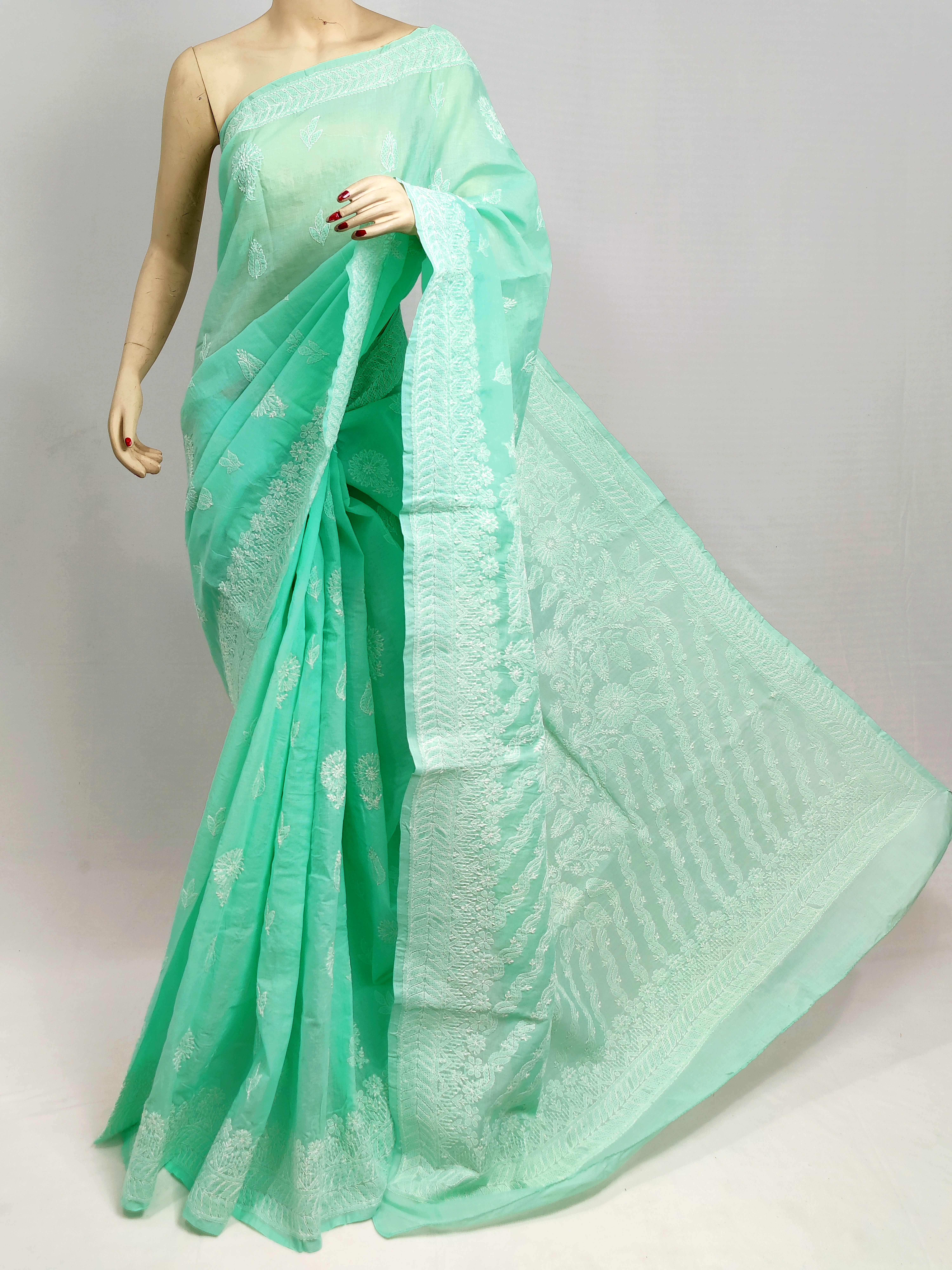 Green Colour Cotton Hand Embroidered Chikankari Saree With Blouse MC253021